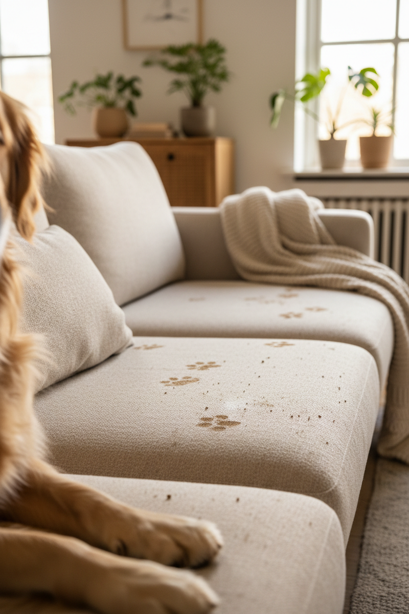 Close-up muddy paw prints on luxury beige couch