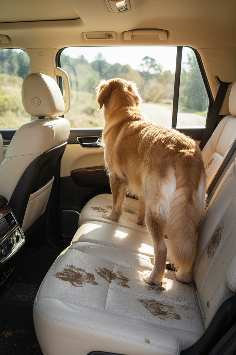 Golden Retriever facing away in luxury SUV with muddy dirty leather seats