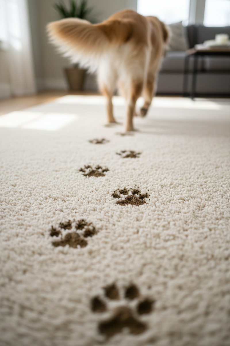 Golden Retriever walking away leaving natural muddy paw prints on cream luxury carpet
